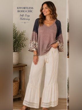 Hummingbird Dusty Mauve Knit Top with Heathered Charcoal Trim
